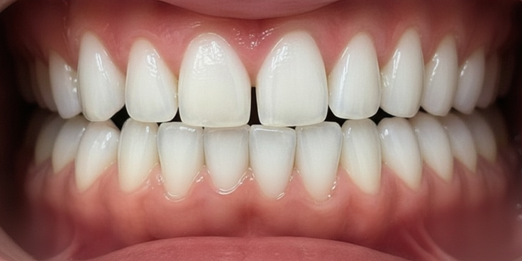 Before and after comparison of teeth with 'Before' showing yellowed teeth and 'After' showing whitened teeth.