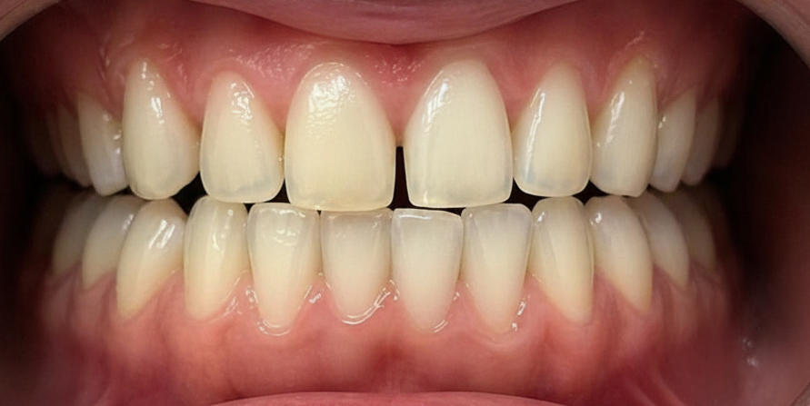 Before and after comparison of teeth with 'Before' showing yellowed teeth and 'After' showing whitened teeth.