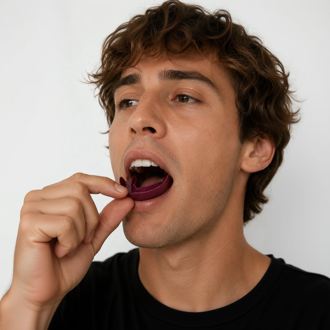 Man holding a purple teeth whitening strip in  his mouth against a plain background