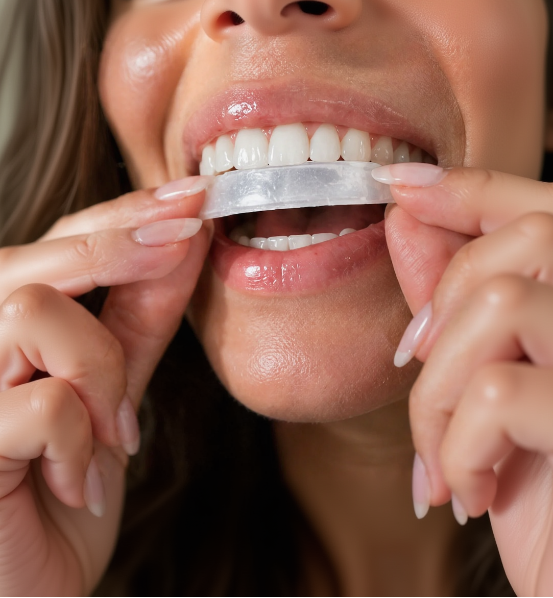 Woman using an orawrap to whiten her teeth