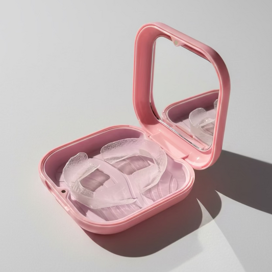Clear dental retainers in a pink case on a pink surface